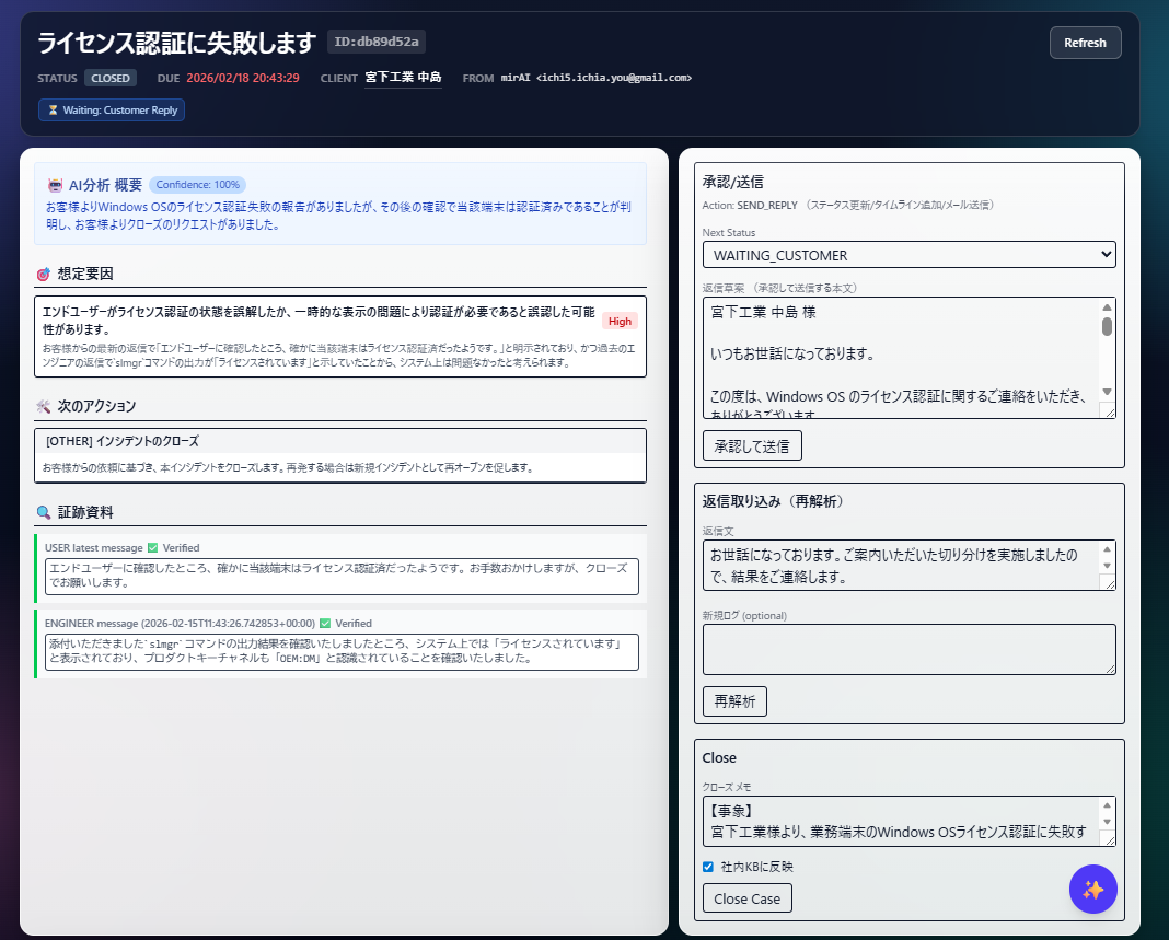 CAToCの実画面。問い合わせ一覧、分析結果、返信ドラフト、承認フローを確認できるダッシュボード